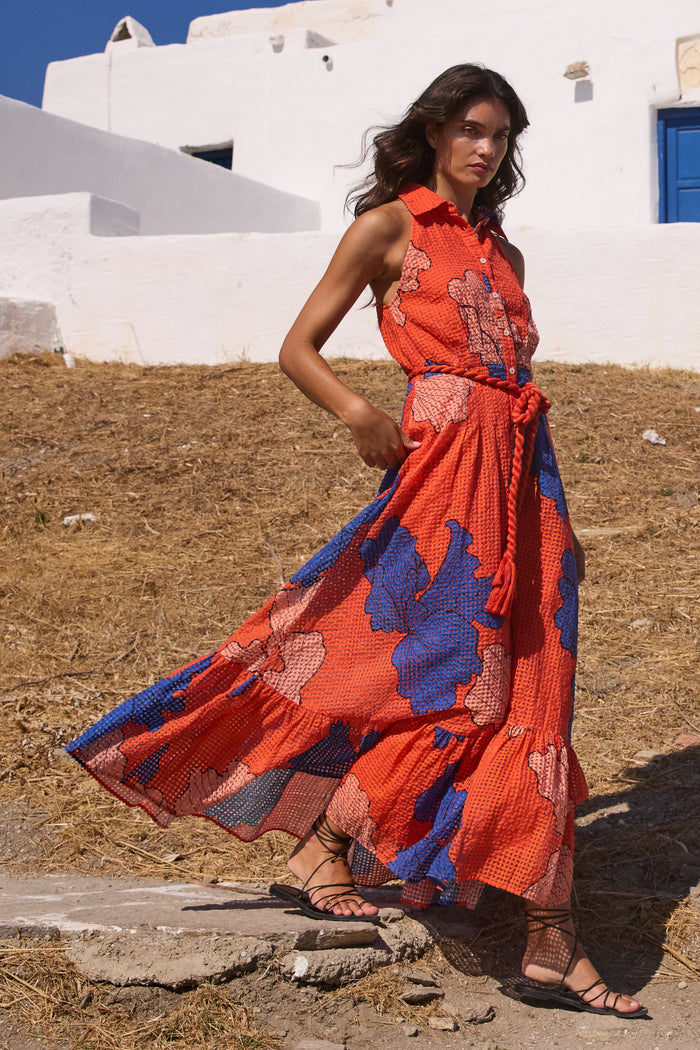 Sleeveless Shirt Dress Maxi- Bora Bora Red