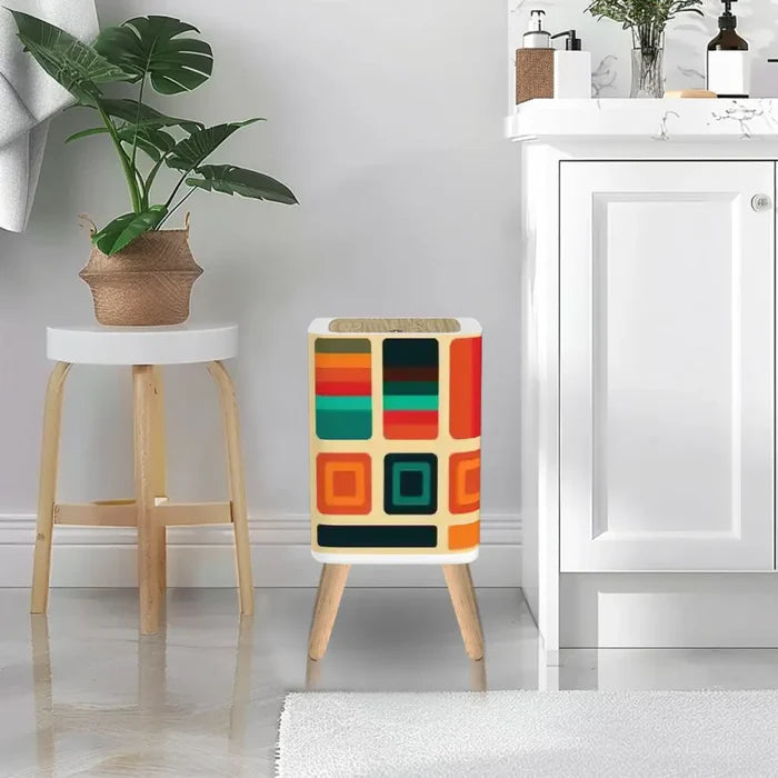 Small 70s Retro Trash Can with Lid: Scandi Midcentury Style Wastebasket - One Size - retro ads