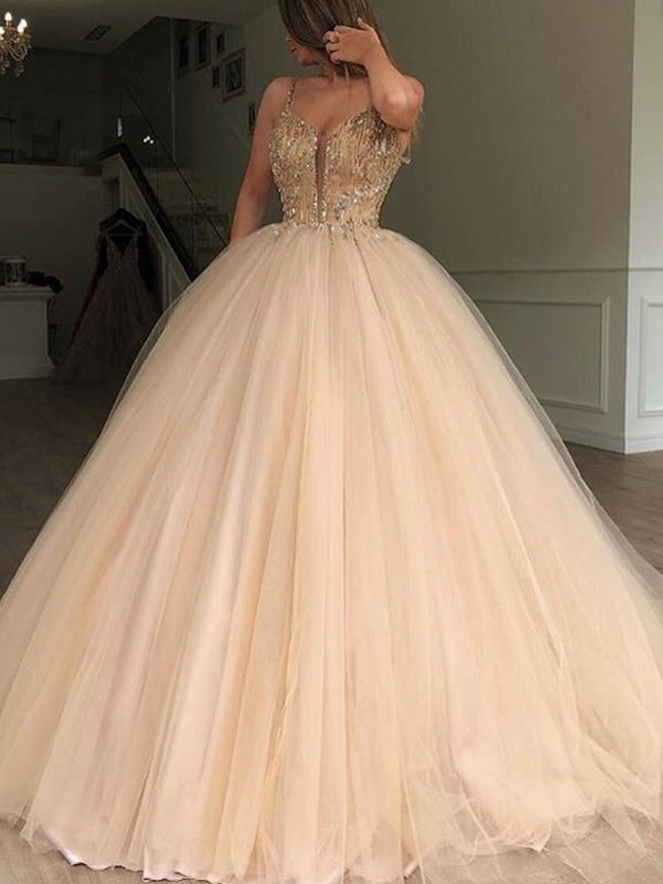 Sparkly Gold Beaded Tulle A-line Prom Dresses, PD00179