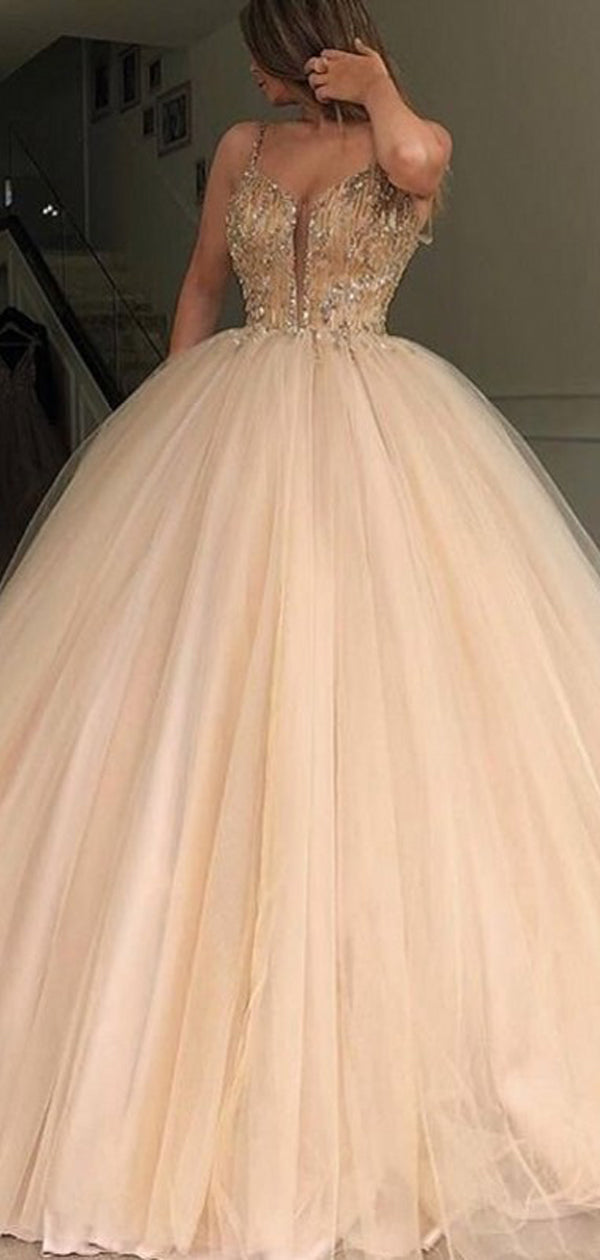 Sparkly Gold Beaded Tulle A-line Prom Dresses, PD00179