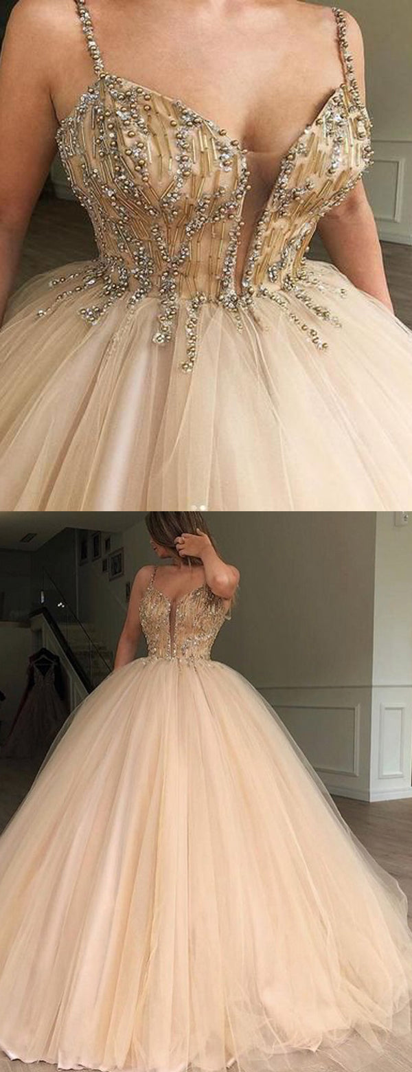 Sparkly Gold Beaded Tulle A-line Prom Dresses, PD00179