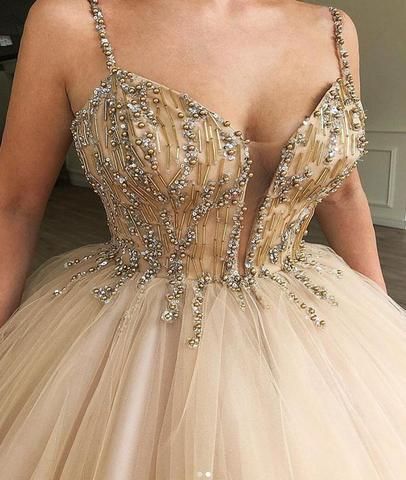 Sparkly Gold Beaded Tulle A-line Prom Dresses, PD00179