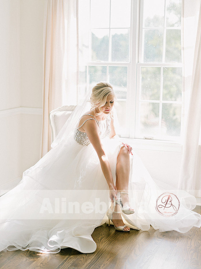 Sparkly Silver Bead Rhinestone Spaghetti Straps Ruffles Ball Gown Wedding Dresses, AB1161