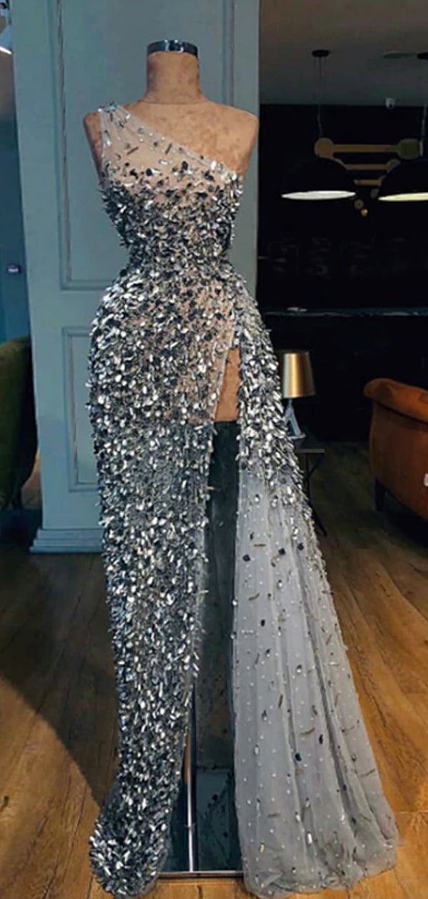 Sparkly Silver Beaded One Shoulder Party Prom Dresses,PD00141