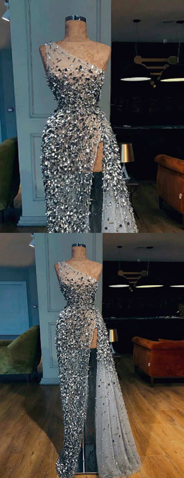 Sparkly Silver Beaded One Shoulder Party Prom Dresses,PD00141