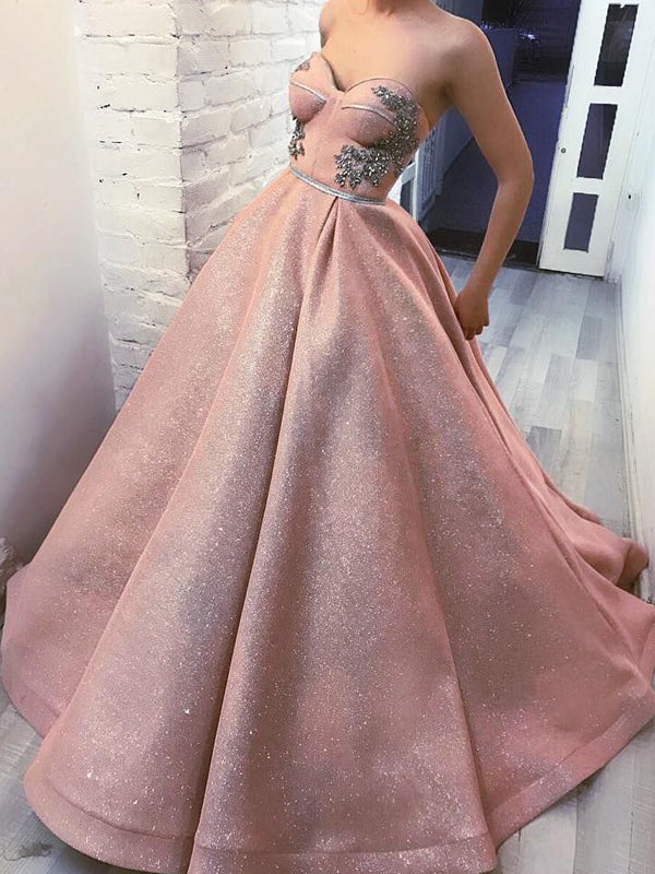 Sparkly Sweetheart Strapless Rhinestones A-line Dusty Pink Prom Ball Gown, Evening Gown, PD00146