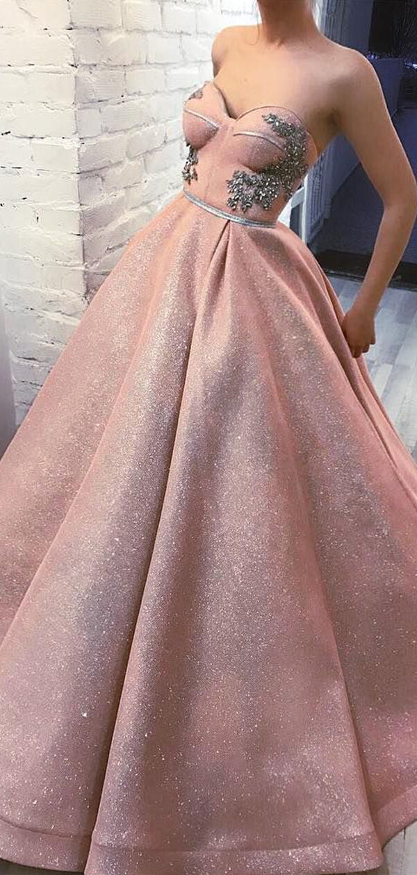 Sparkly Sweetheart Strapless Rhinestones A-line Dusty Pink Prom Ball Gown, Evening Gown, PD00146