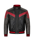 Front view of a Spider Man leather jacket inspired by the Miles Morales look with a black and red biker design, stand collar, and front zipper closure.