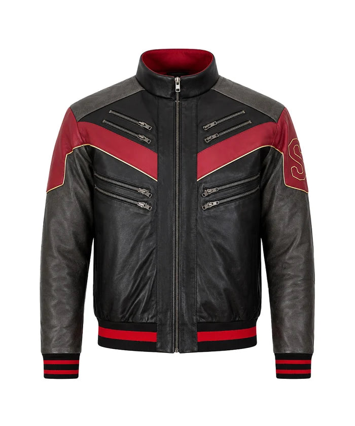Front view of a Spider Man leather jacket inspired by the Miles Morales look with a black and red biker design, stand collar, and front zipper closure.