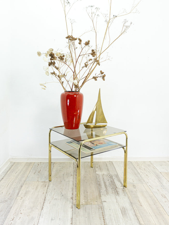 Square 1970s smoked GLASS GOLDEN CHROME coffee table with two tiers