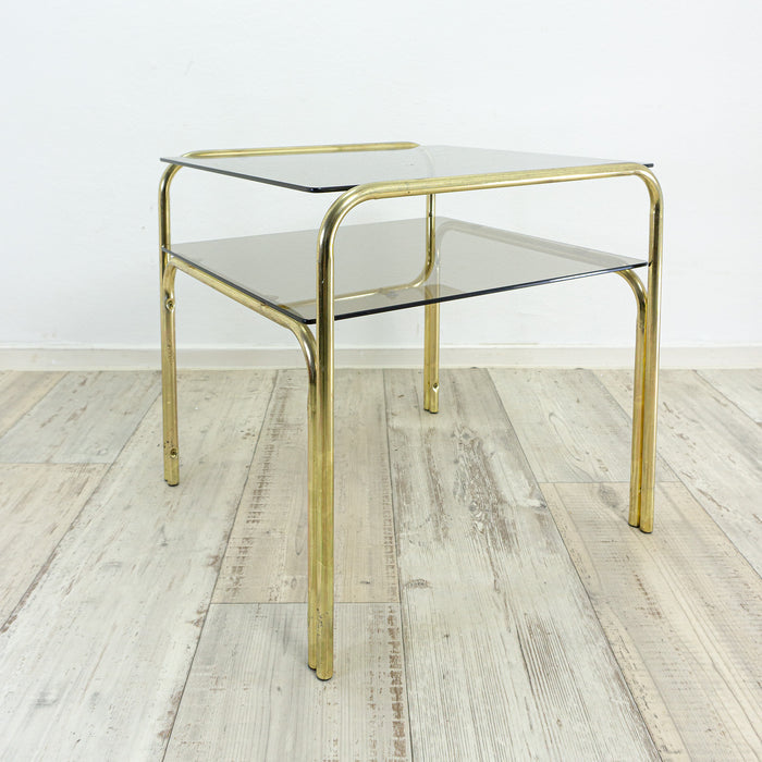 Square 1970s smoked GLASS GOLDEN CHROME coffee table with two tiers