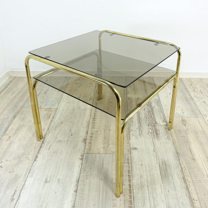 Square 1970s smoked GLASS GOLDEN CHROME coffee table with two tiers