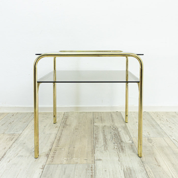 Square 1970s smoked GLASS GOLDEN CHROME coffee table with two tiers