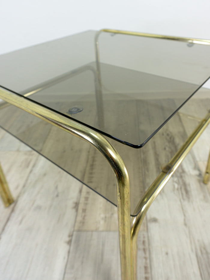 Square 1970s smoked GLASS GOLDEN CHROME coffee table with two tiers