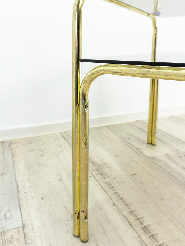 Square 1970s smoked GLASS GOLDEN CHROME coffee table with two tiers