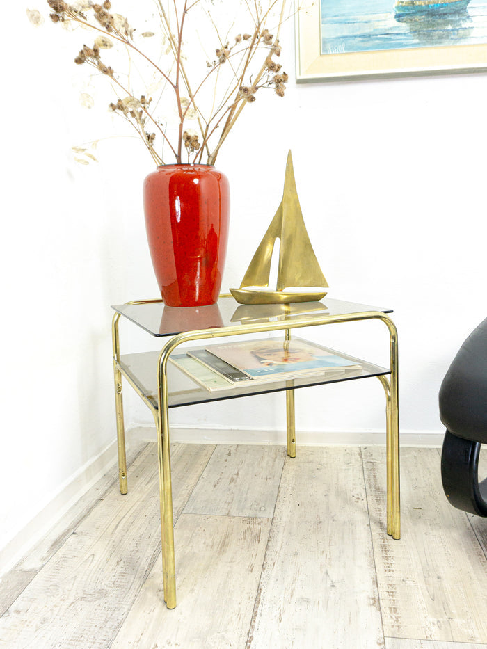 Square 1970s smoked GLASS GOLDEN CHROME coffee table with two tiers