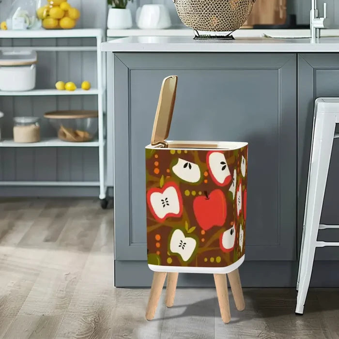 Square Small Trash Can with Lid Apples Mid Century Pattern 1950s - One Size - retro tash cans