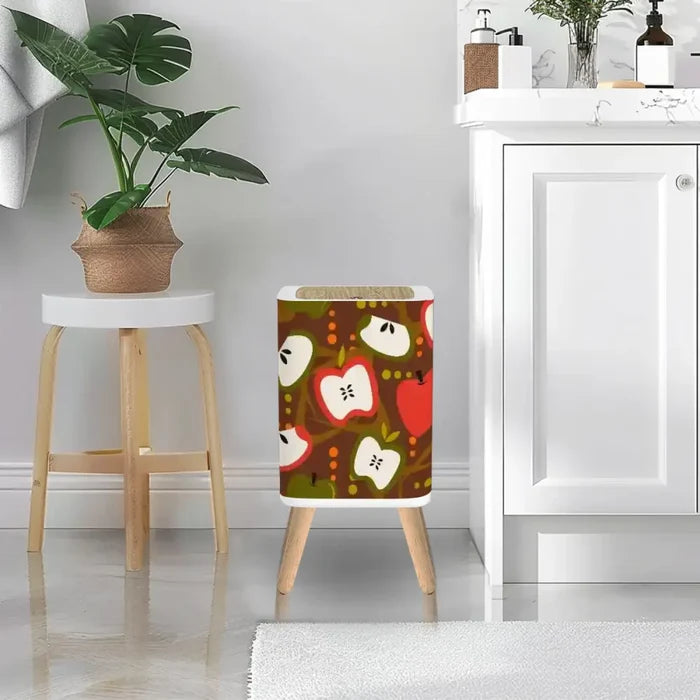 Square Small Trash Can with Lid Apples Mid Century Pattern 1950s - One Size - retro tash cans
