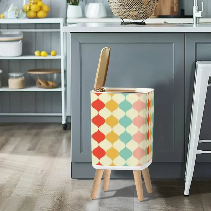 Square Small Trash Can with Lid Retro 50s Mid Century Pattern Beige - One Size - retro tash cans