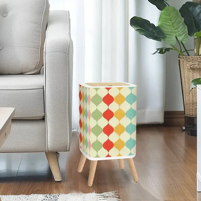 Square Small Trash Can with Lid Retro 50s Mid Century Pattern Beige - One Size - retro tash cans