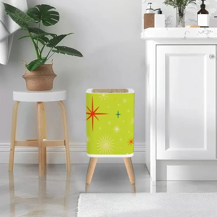 Square Trash Can with Lid Christmas Stars Celestial Chartreuse Green - One Size - retro tash cans