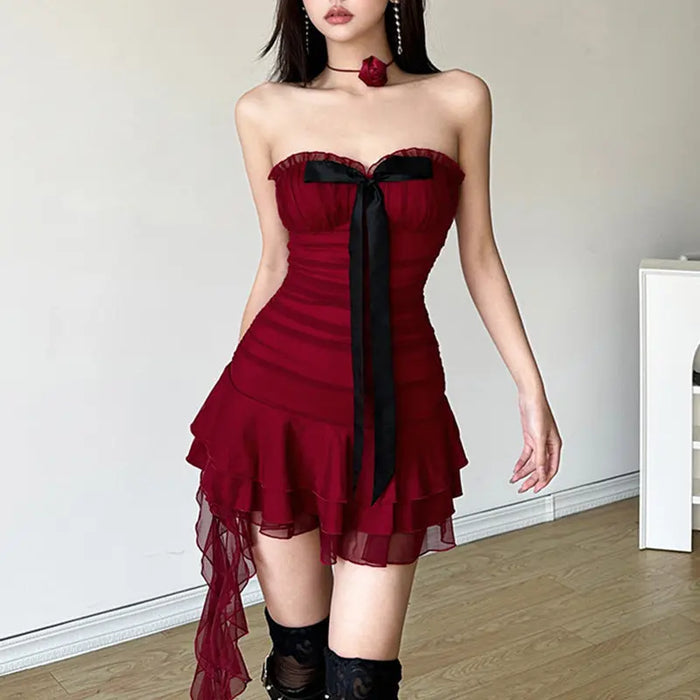 Bow Ruffle Mesh Strapless Dress fashionnsio