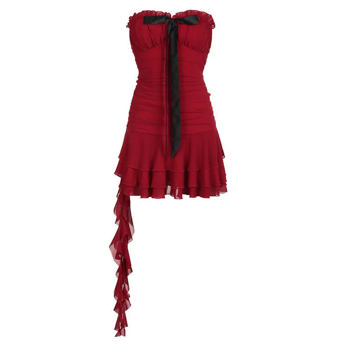 Bow Ruffle Mesh Strapless Dress fashionnsio