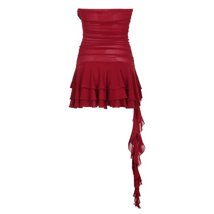 Bow Ruffle Mesh Strapless Dress fashionnsio