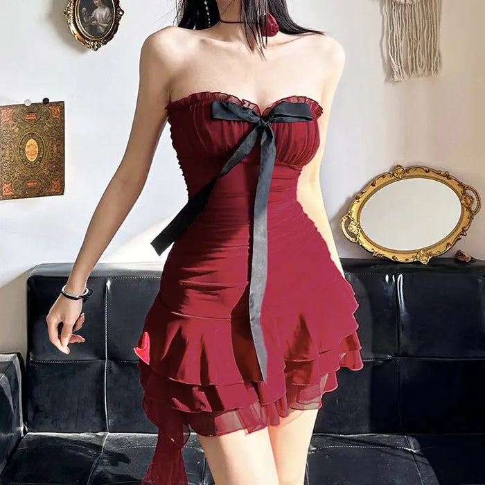 Bow Ruffle Mesh Strapless Dress fashionnsio