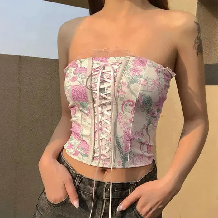 Strapless Floral Lace Up Top fashionnsio
