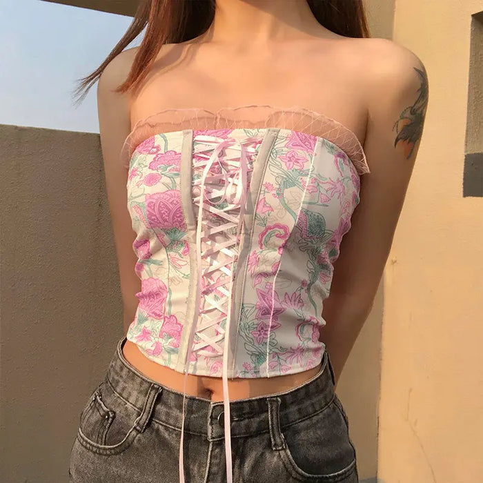 Strapless Floral Lace Up Top fashionnsio
