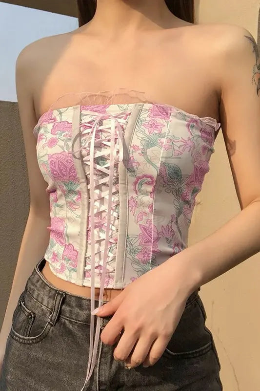 Strapless Floral Lace Up Top fashionnsio