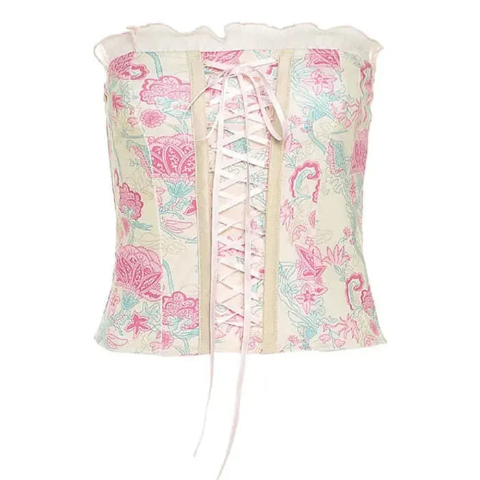 Strapless Floral Lace Up Top fashionnsio