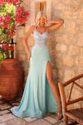 A model wears a powder blue spaghetti strap gown with lace bodice and high slit against a stone wall with flowers.