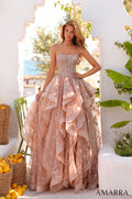 A long, ruffled Champagne Gold ball gown with delicate lace overlay, set against a Mediterranean-style backdrop with lemons.