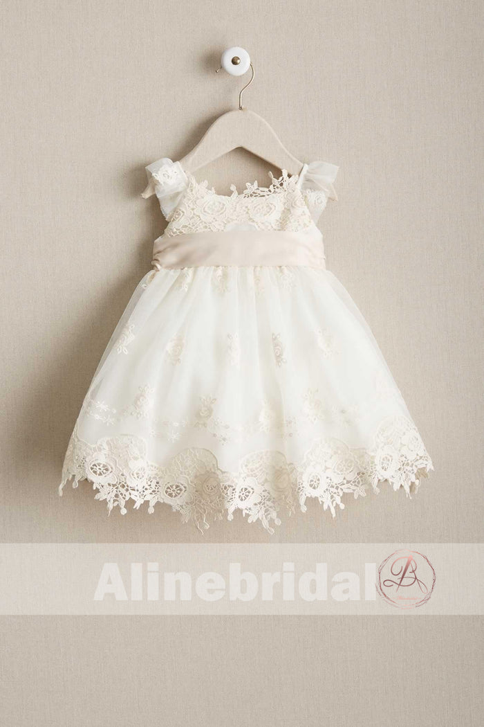 Sweet Ivory Lace Round Neck Cap Sleeve Flower Girl Dresses, FGS088