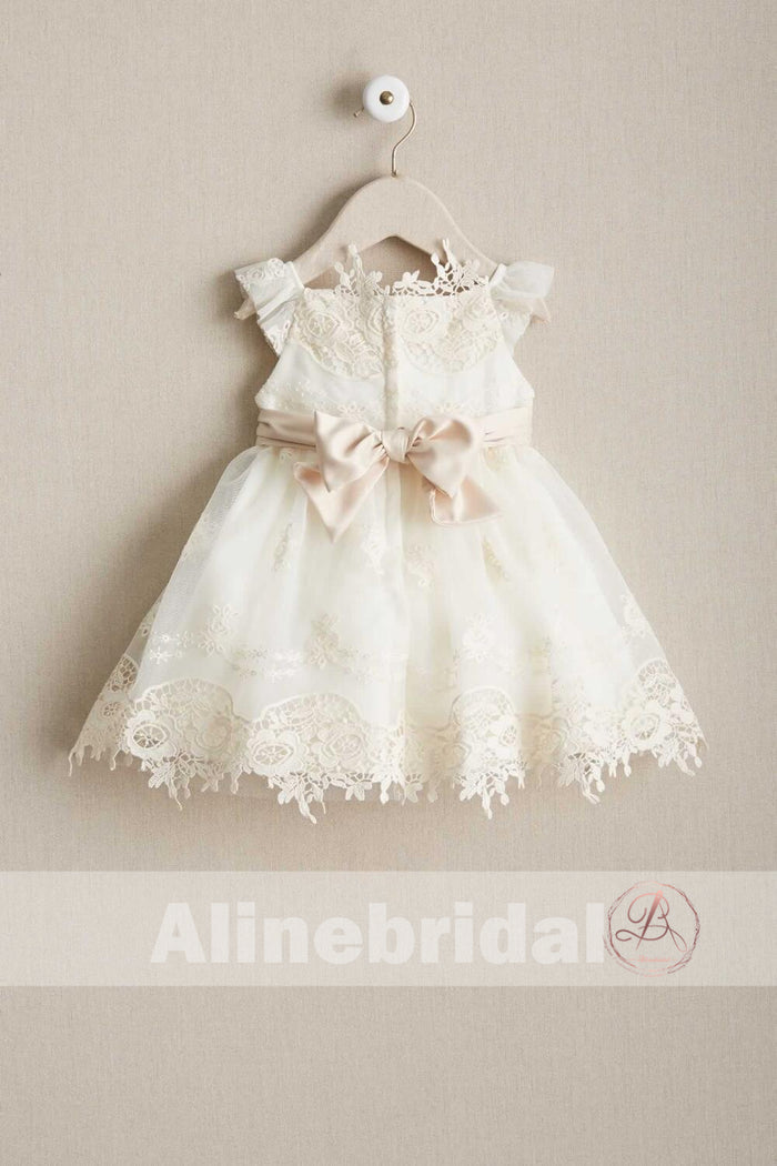 Sweet Ivory Lace Round Neck Cap Sleeve Flower Girl Dresses, FGS088