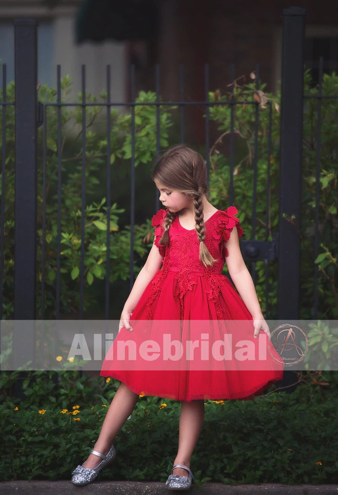 Sweet Red Appliques Tulle Pretty Sleeveless Short Flower Girl Dresses, FGS073
