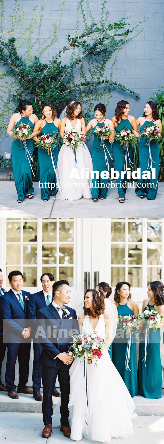 Teal Chiffon Halter Maxi Simple Bridesmaid Dresses For Summer Wedding, AB1216