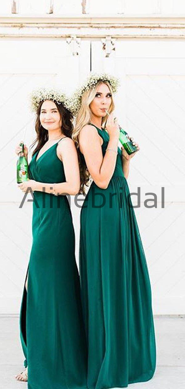 Teal Chiffon Mismatched A-line Long Bridesmaid Dresses, AB4044