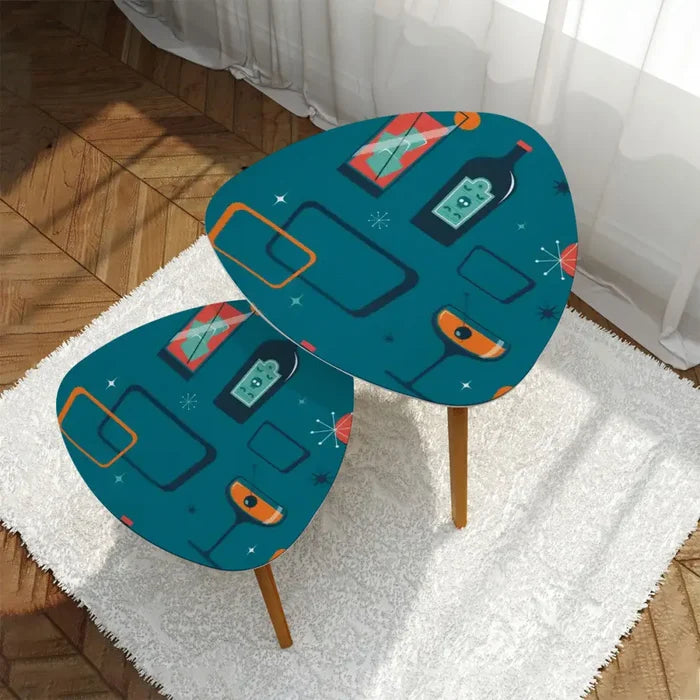 Triangle 60s Retro Tripod Nesting Table Set Cocktail Pattern Blue - One Size - retro nesting tables