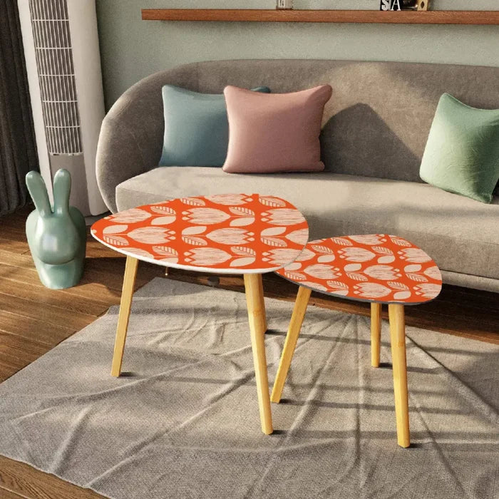 Triangle 60s Retro Tripod Nesting Table Set Flowers on Red - One Size - retro nesting tables