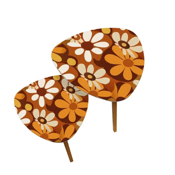Triangle 60s Retro Tripod Nesting Table Set Orange Daisies - One Size - retro nesting tables