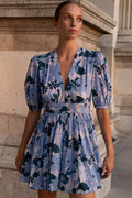 V-Neck Puff Mini- Suzani Blue