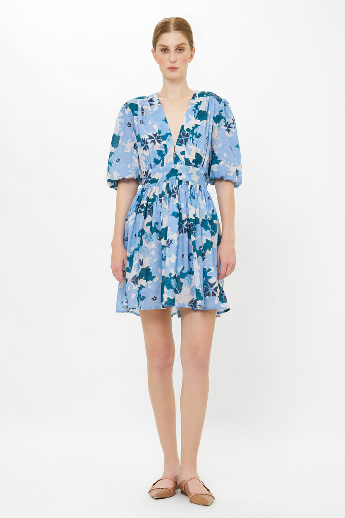 V-Neck Puff Mini- Suzani Blue