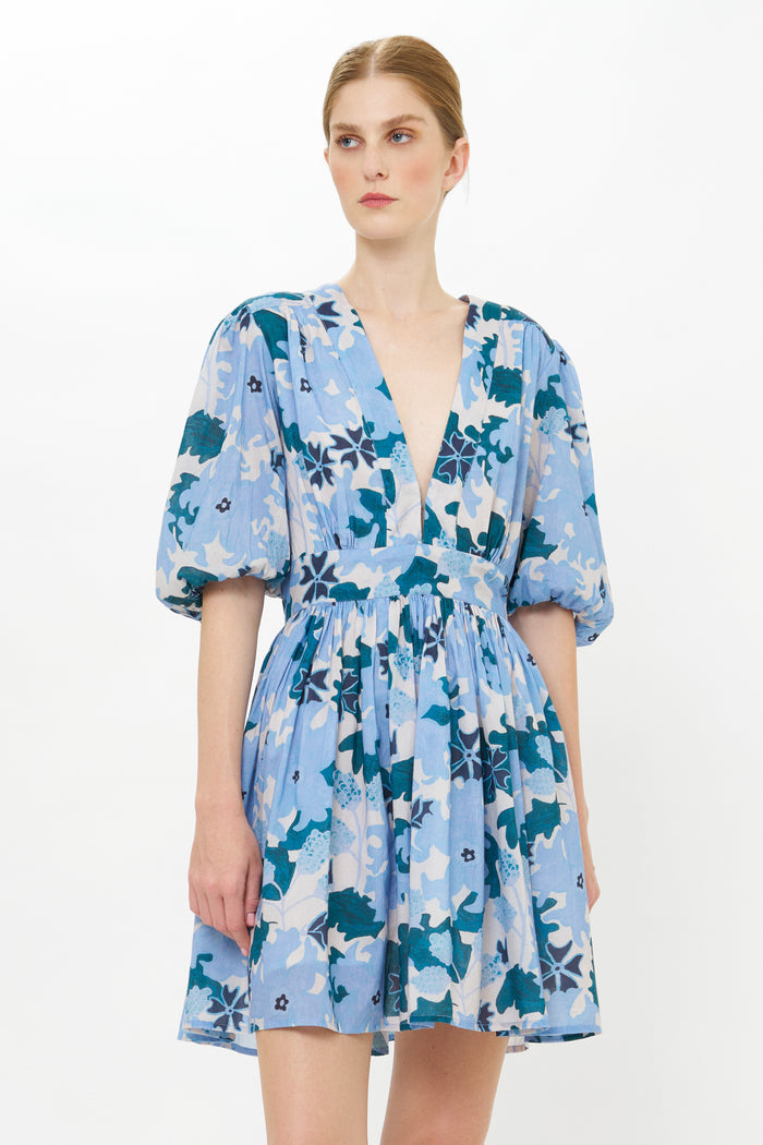 V-Neck Puff Mini- Suzani Blue