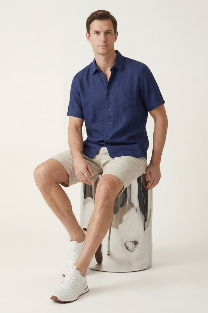 Verona Linen Shirt & Shorts Navy/Beige