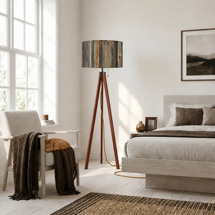 Weathered Wood Retro Tripod Floor Lamp - Rustic Driftwood Linen Shade - retro floor lamps