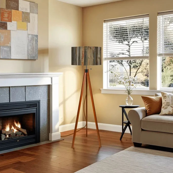 Weathered Wood Retro Tripod Floor Lamp - Rustic Driftwood Linen Shade - retro floor lamps