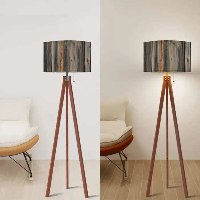 Weathered Wood Retro Tripod Floor Lamp - Rustic Driftwood Linen Shade - retro floor lamps